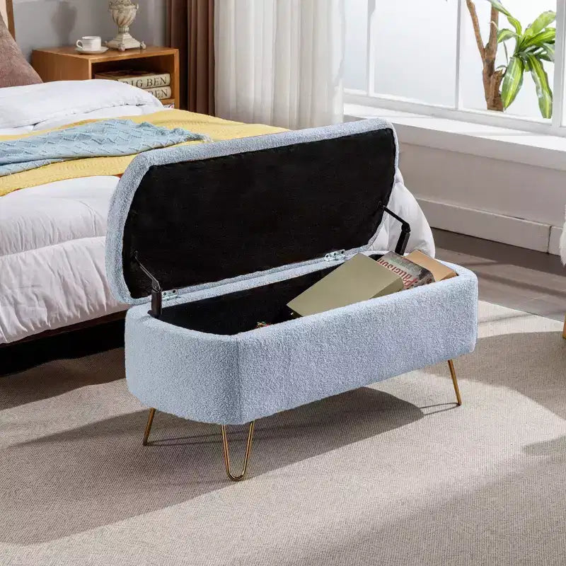 TUYOHW 39 Modern Storage Bench with Faux Fur Upholstered Entryway Bench with Gold Legs End of Bed Bench Ottoman for Living Room, Bedroom