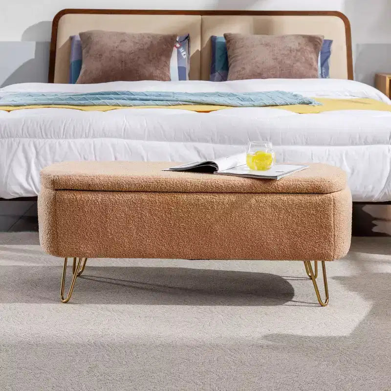 TUYOHW 39 Modern Storage Bench with Faux Fur Upholstered Entryway Bench with Gold Legs End of Bed Bench Ottoman for Living Room, Bedroom
