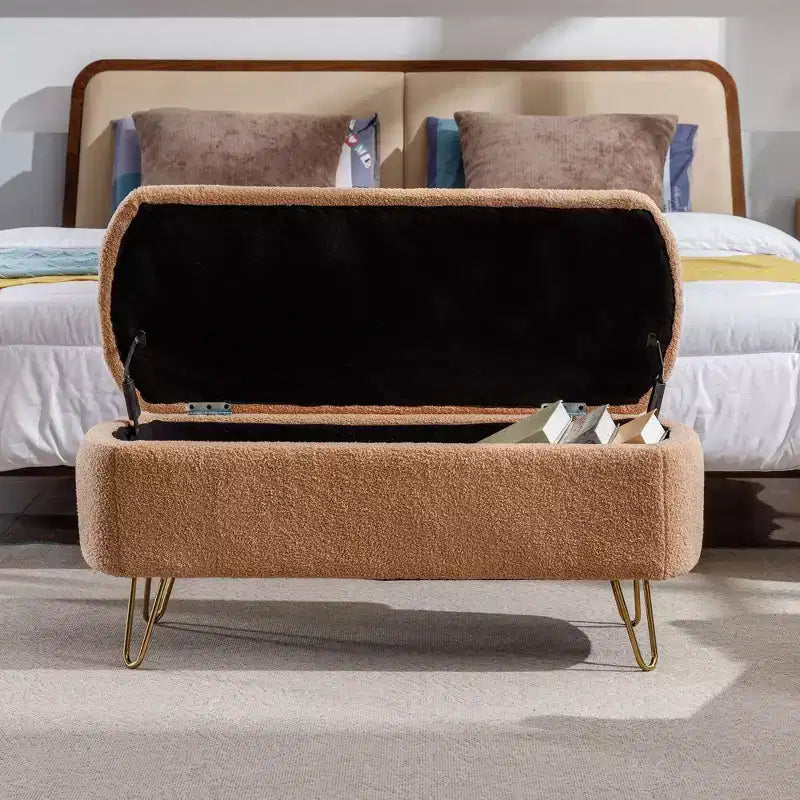 TUYOHW 39 Modern Storage Bench with Faux Fur Upholstered Entryway Bench with Gold Legs End of Bed Bench Ottoman for Living Room, Bedroom