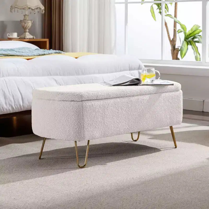 TUYOHW 39 Modern Storage Bench with Faux Fur Upholstered Entryway Bench with Gold Legs End of Bed Bench Ottoman for Living Room, Bedroom