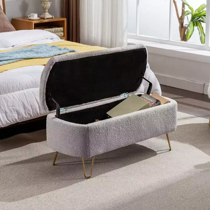 TUYOHW 39 Modern Storage Bench with Faux Fur Upholstered Entryway Bench with Gold Legs End of Bed Bench Ottoman for Living Room, Bedroom