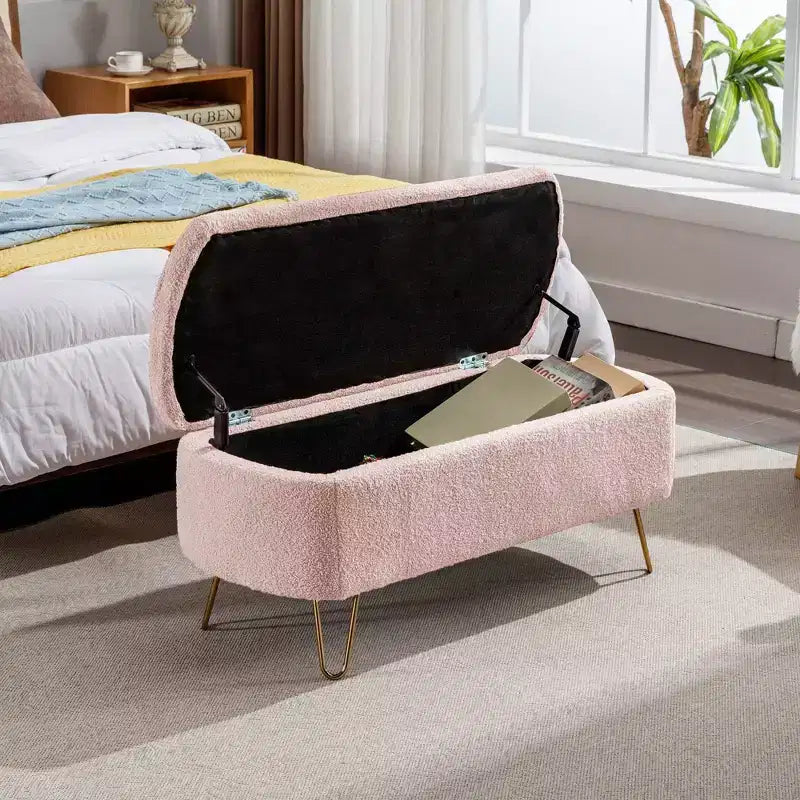 TUYOHW 39 Modern Storage Bench with Faux Fur Upholstered Entryway Bench with Gold Legs End of Bed Bench Ottoman for Living Room, Bedroom
