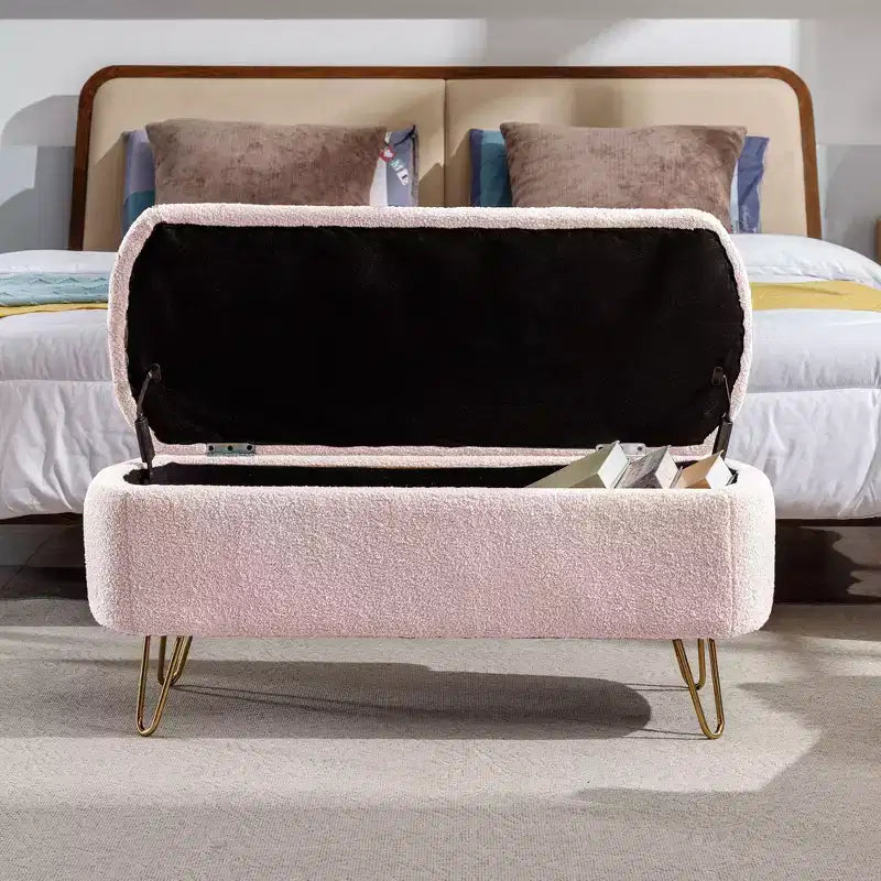 TUYOHW 39 Modern Storage Bench with Faux Fur Upholstered Entryway Bench with Gold Legs End of Bed Bench Ottoman for Living Room, Bedroom
