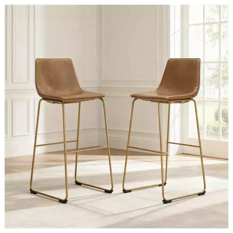 Signature Design by Ashley Lexadine Bar Height Upholstered Barstools, Set of 2, Toast Faux Leather with Goldtone Metal Frame