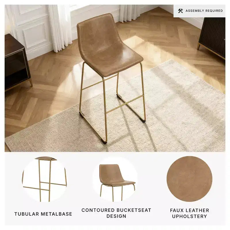 Signature Design by Ashley Lexadine Bar Height Upholstered Barstools, Set of 2, Toast Faux Leather with Goldtone Metal Frame