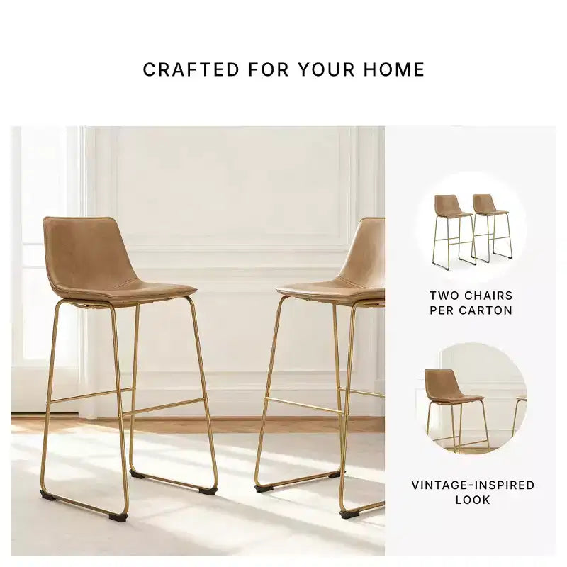 Signature Design by Ashley Lexadine Bar Height Upholstered Barstools, Set of 2, Toast Faux Leather with Goldtone Metal Frame