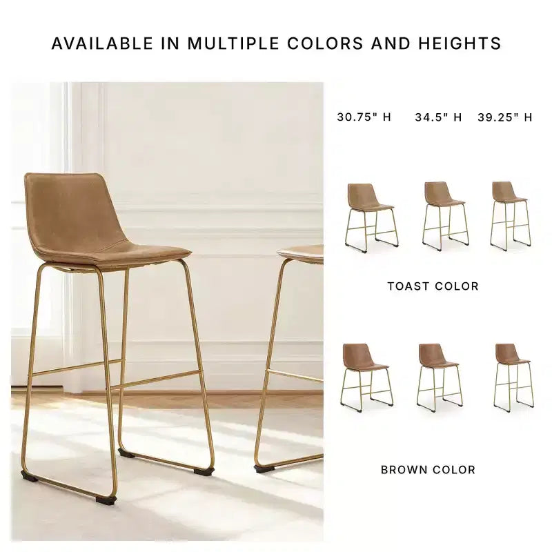 Signature Design by Ashley Lexadine Bar Height Upholstered Barstools, Set of 2, Toast Faux Leather with Goldtone Metal Frame