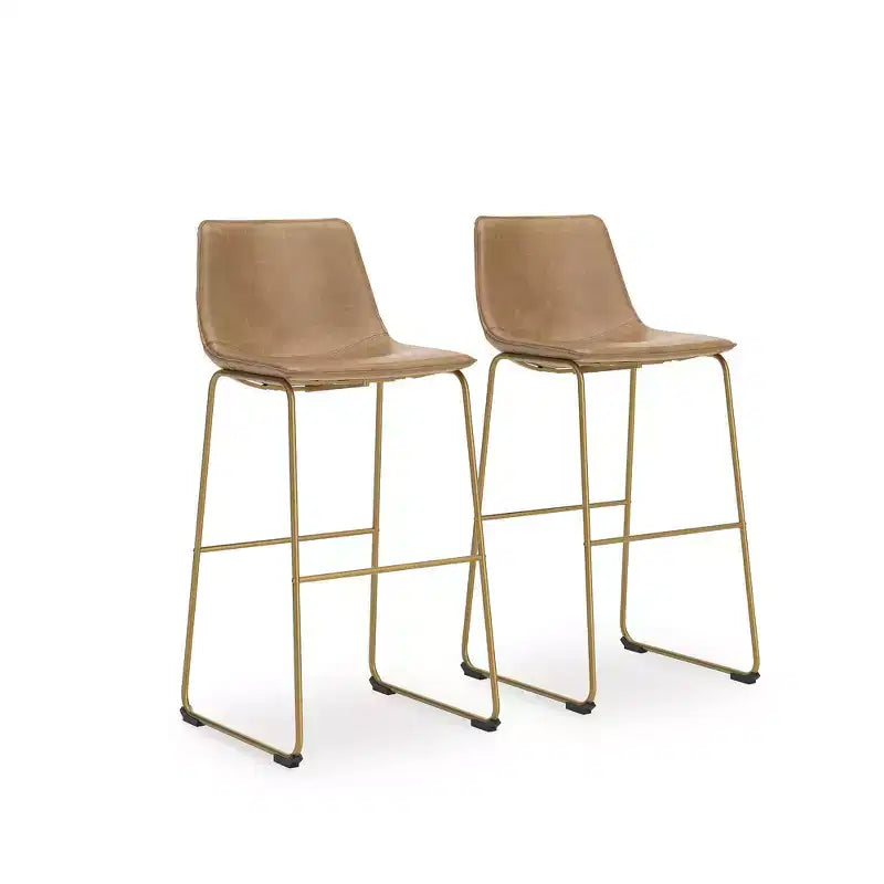 Signature Design by Ashley Lexadine Bar Height Upholstered Barstools, Set of 2, Toast Faux Leather with Goldtone Metal Frame