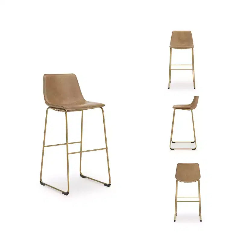 Signature Design by Ashley Lexadine Bar Height Upholstered Barstools, Set of 2, Toast Faux Leather with Goldtone Metal Frame