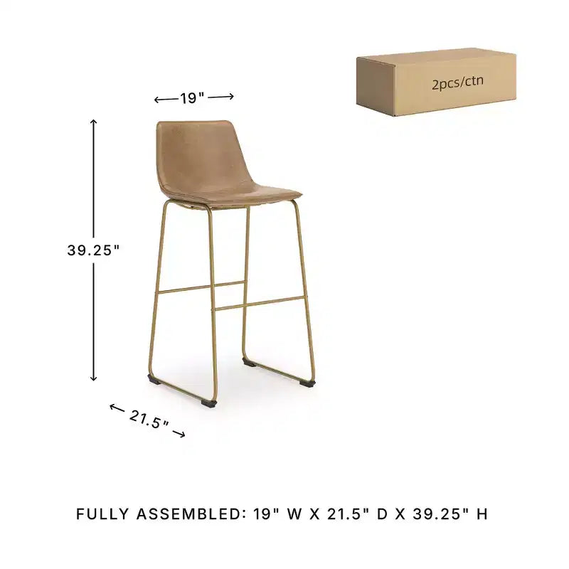 Signature Design by Ashley Lexadine Bar Height Upholstered Barstools, Set of 2, Toast Faux Leather with Goldtone Metal Frame