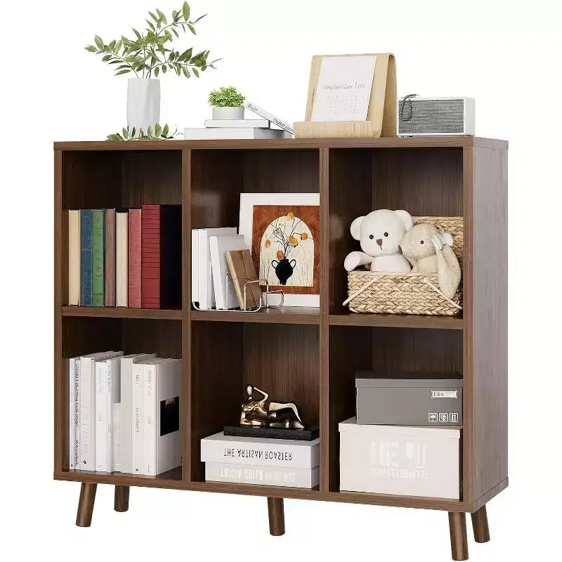 6-Shelf Bookcase with Solid Wood Legs, Redwood Finish Particle Board Storage Shelf for Living Room Office