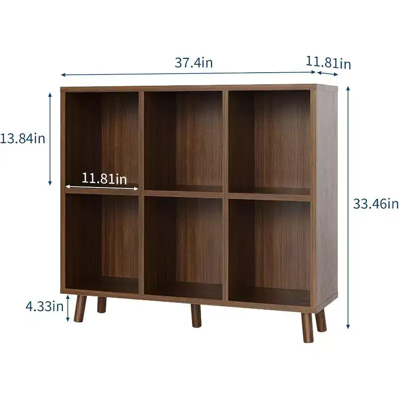 6-Shelf Bookcase with Solid Wood Legs, Redwood Finish Particle Board Storage Shelf for Living Room Office