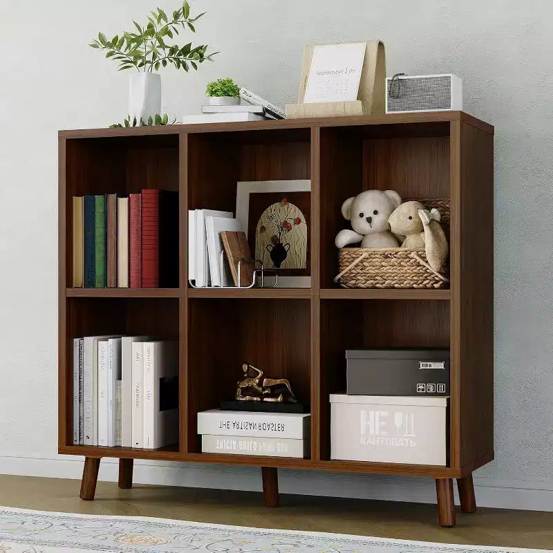 6-Shelf Bookcase with Solid Wood Legs, Redwood Finish Particle Board Storage Shelf for Living Room Office