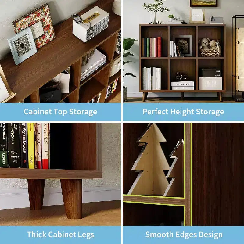 6-Shelf Bookcase with Solid Wood Legs, Redwood Finish Particle Board Storage Shelf for Living Room Office