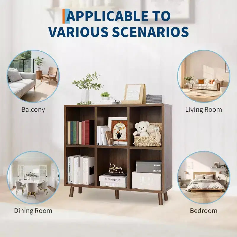 6-Shelf Bookcase with Solid Wood Legs, Redwood Finish Particle Board Storage Shelf for Living Room Office