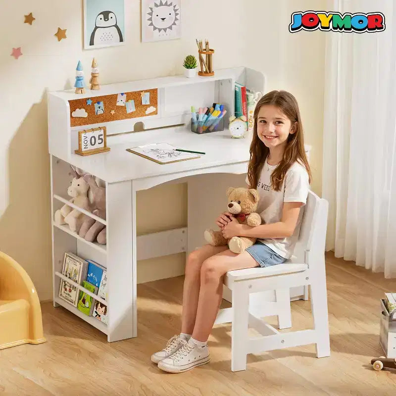 JOYMOR Kids Desk and Chair Sets with Bookshelf, Kids Study Desk with Storage Cabinet, Student Computer Table for 5-12 Years Old