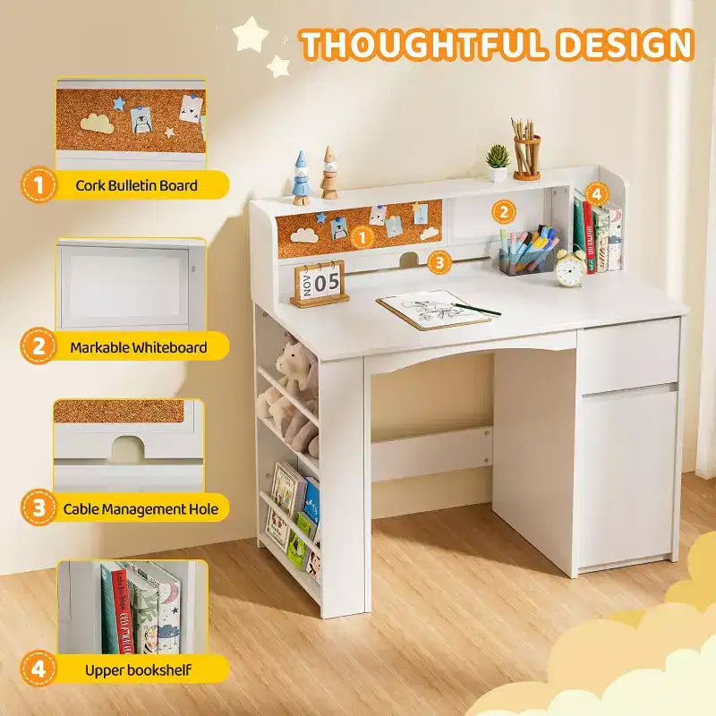 JOYMOR Kids Desk and Chair Sets with Bookshelf, Kids Study Desk with Storage Cabinet, Student Computer Table for 5-12 Years Old