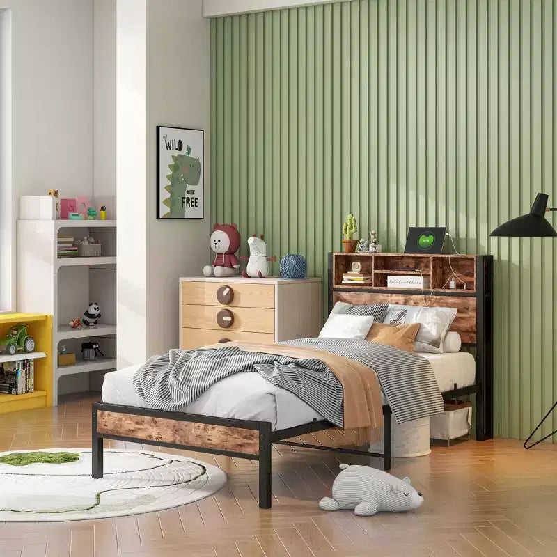 MAYEERTY Twin Size Bed Frame with Storage Headboard & Charging Station, Bookcase Shelves for Kids' Bedroom