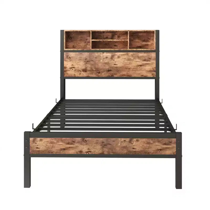 MAYEERTY Twin Size Bed Frame with Storage Headboard & Charging Station, Bookcase Shelves for Kids' Bedroom