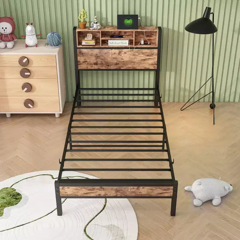 MAYEERTY Twin Size Bed Frame with Storage Headboard & Charging Station, Bookcase Shelves for Kids' Bedroom