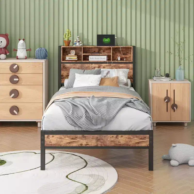 MAYEERTY Twin Size Bed Frame with Storage Headboard & Charging Station, Bookcase Shelves for Kids' Bedroom