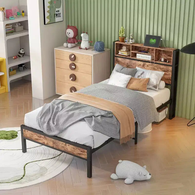 MAYEERTY Twin Size Bed Frame with Storage Headboard & Charging Station, Bookcase Shelves for Kids' Bedroom
