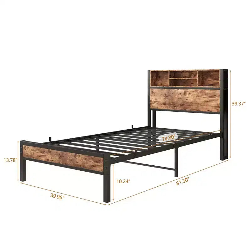MAYEERTY Twin Size Bed Frame with Storage Headboard & Charging Station, Bookcase Shelves for Kids' Bedroom