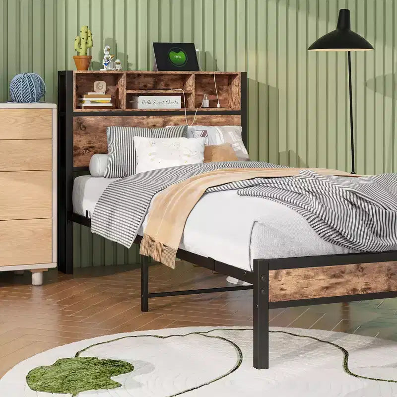 MAYEERTY Twin Size Bed Frame with Storage Headboard & Charging Station, Bookcase Shelves for Kids' Bedroom