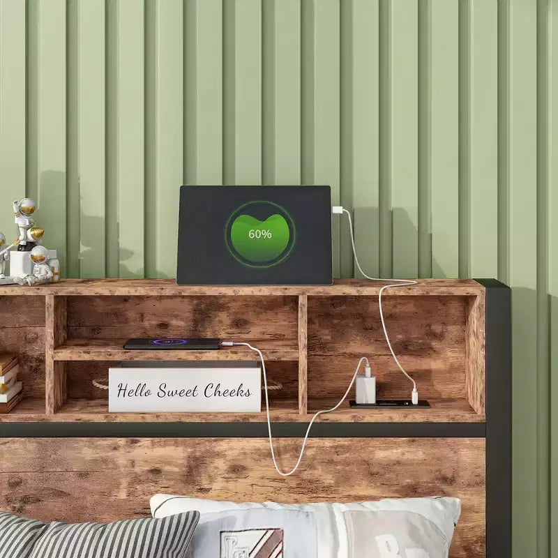MAYEERTY Twin Size Bed Frame with Storage Headboard & Charging Station, Bookcase Shelves for Kids' Bedroom