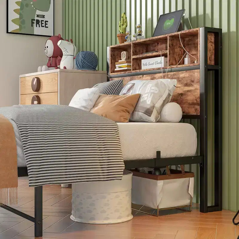 MAYEERTY Twin Size Bed Frame with Storage Headboard & Charging Station, Bookcase Shelves for Kids' Bedroom