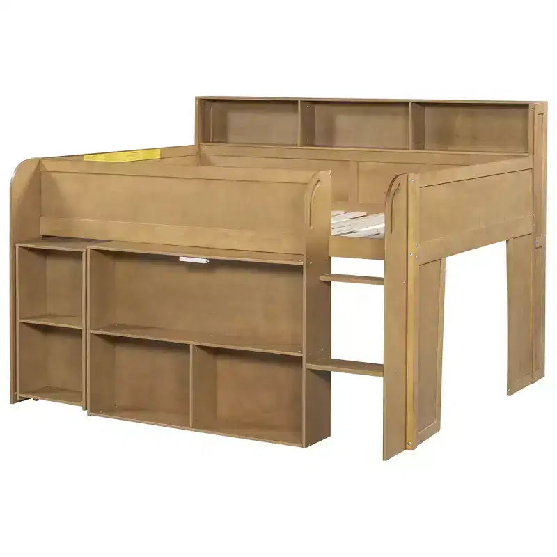 Whisen Full Size Wood Elegant Loft bed with Multiple Storage Shelves, Desk