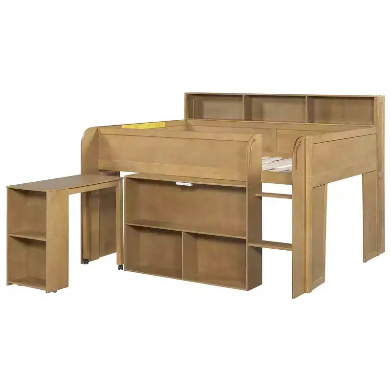 Whisen Full Size Wood Elegant Loft bed with Multiple Storage Shelves, Desk