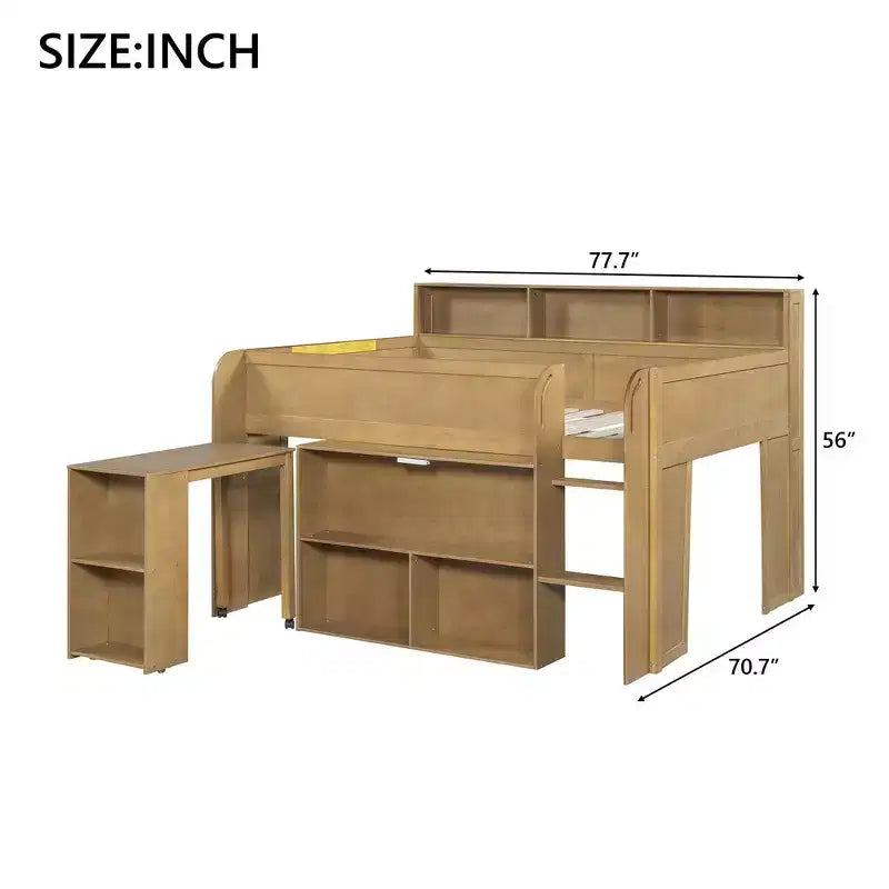 Whisen Full Size Wood Elegant Loft bed with Multiple Storage Shelves, Desk