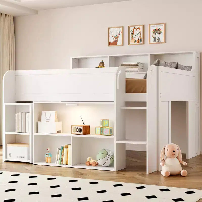 Whisen Full Size Wood Elegant Loft bed with Multiple Storage Shelves, Desk