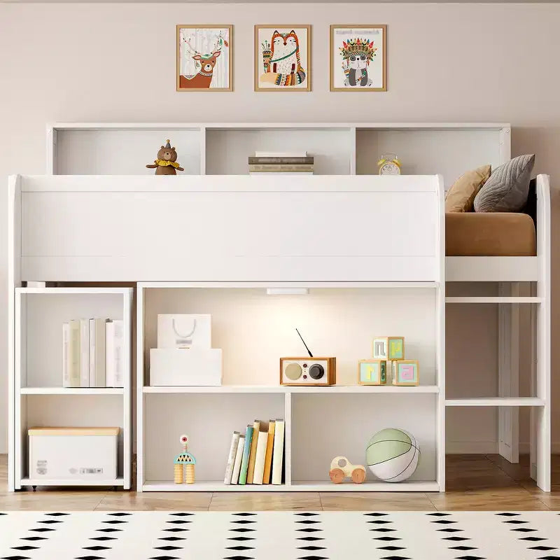 Whisen Full Size Wood Elegant Loft bed with Multiple Storage Shelves, Desk