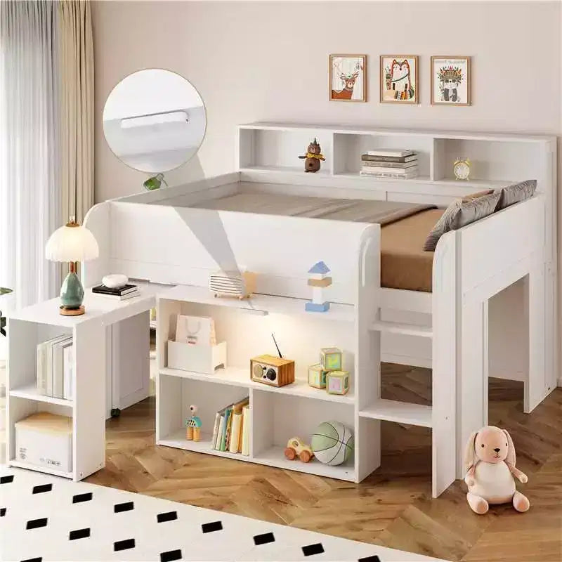 Whisen Full Size Wood Elegant Loft bed with Multiple Storage Shelves, Desk