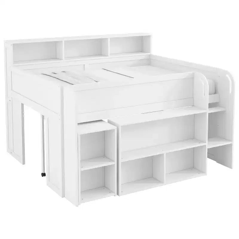 Whisen Full Size Wood Elegant Loft bed with Multiple Storage Shelves, Desk