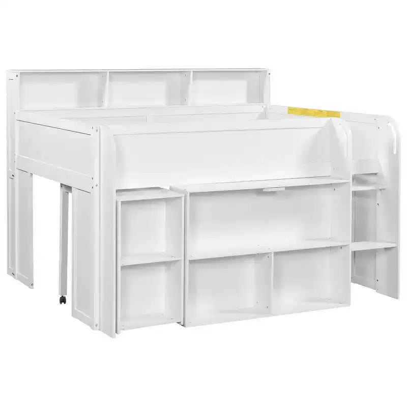 Whisen Full Size Wood Elegant Loft bed with Multiple Storage Shelves, Desk