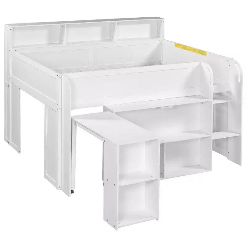 Whisen Full Size Wood Elegant Loft bed with Multiple Storage Shelves, Desk