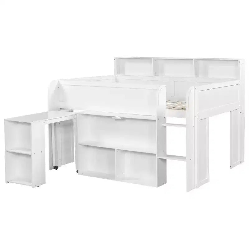 Whisen Full Size Wood Elegant Loft bed with Multiple Storage Shelves, Desk