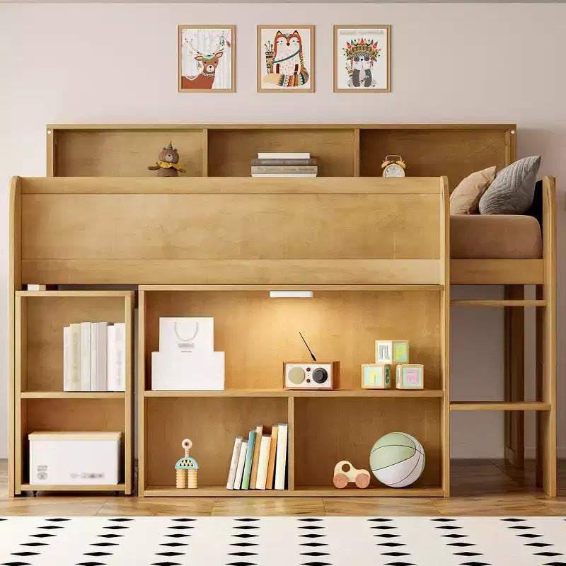 Whisen Full Size Wood Elegant Loft bed with Multiple Storage Shelves, Desk