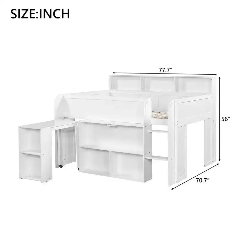 Whisen Full Size Wood Elegant Loft bed with Multiple Storage Shelves, Desk