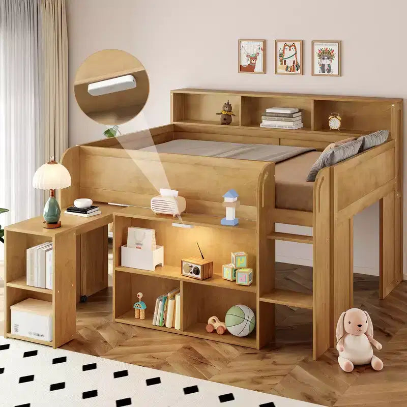 Whisen Full Size Wood Elegant Loft bed with Multiple Storage Shelves, Desk
