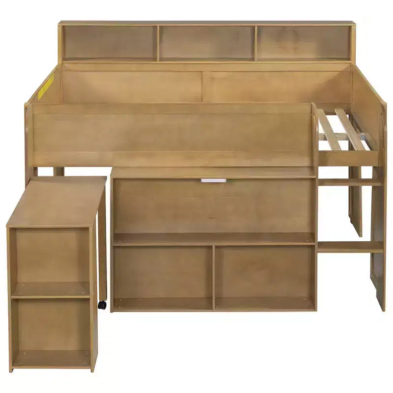 Whisen Full Size Wood Elegant Loft bed with Multiple Storage Shelves, Desk