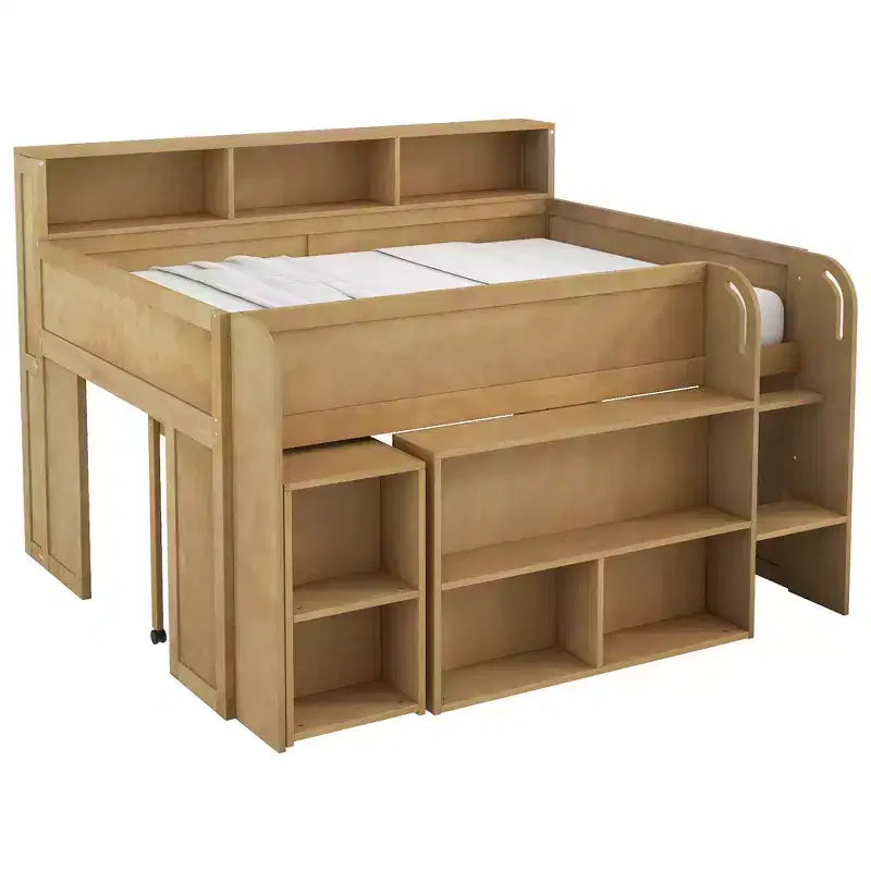 Whisen Full Size Wood Elegant Loft bed with Multiple Storage Shelves, Desk