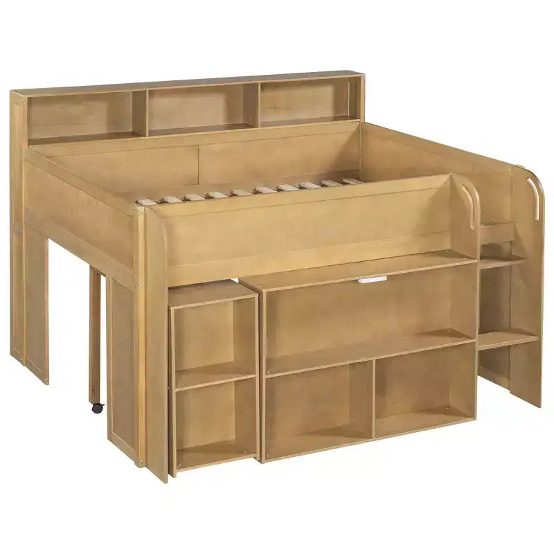 Whisen Full Size Wood Elegant Loft bed with Multiple Storage Shelves, Desk
