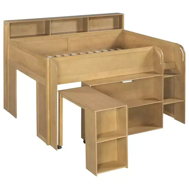 Whisen Full Size Wood Elegant Loft bed with Multiple Storage Shelves, Desk
