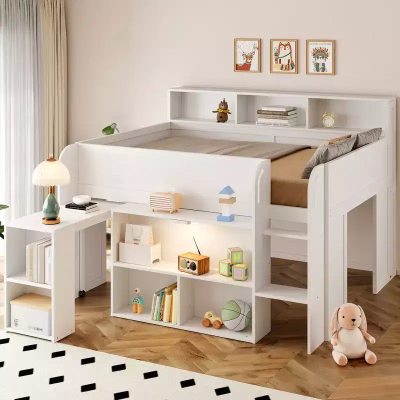 Whisen Full Size Wood Elegant Loft bed with Multiple Storage Shelves, Desk