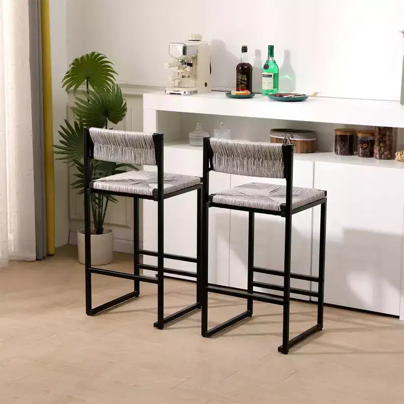Bar Stools Set of 2, Modern Counter Height, Paper Rope Woven with Back for Kitchen Island, Dining Room, Pub, Bistro