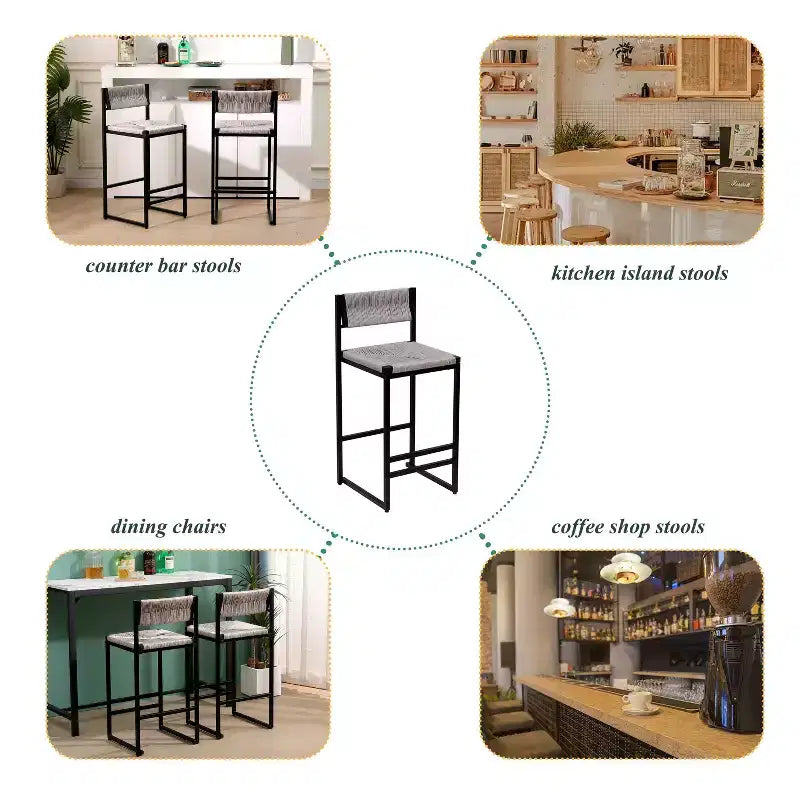 Bar Stools Set of 2, Modern Counter Height, Paper Rope Woven with Back for Kitchen Island, Dining Room, Pub, Bistro